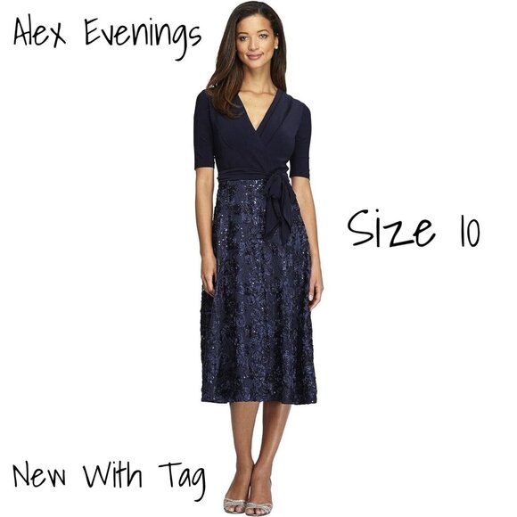 Alex Evenings Embellished Sequin Cocktail Dress Navy Blue Size 10 New With Tag - Picture 1 of 5